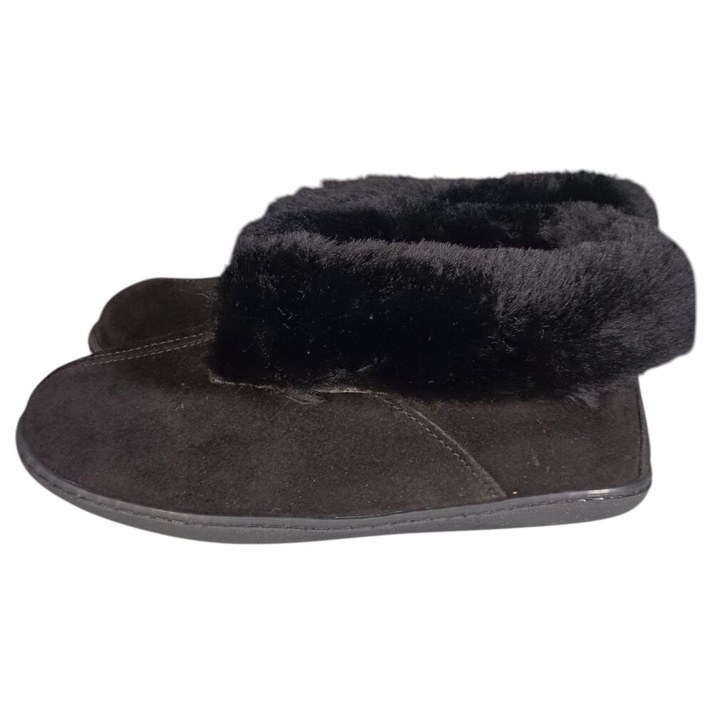 Minnetonka Suede Real Sheepskin Slipper Boots Womens 10 Black Fur Lining - Picture 8 of 14
